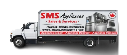 SMS Appliances delivery truck showcasing the company logo, symbolizing reliable delivery service and brand identity.