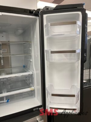 Open double-door refrigerator with empty shelves and two clear door bins on the right side area of the unit.