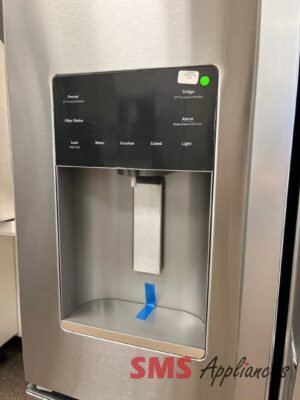 Stainless steel refrigerator front with a black control panel for water and ice, featuring options like Water, Crushed, Cubed, Lock, Light, and a green status dot near the top right.